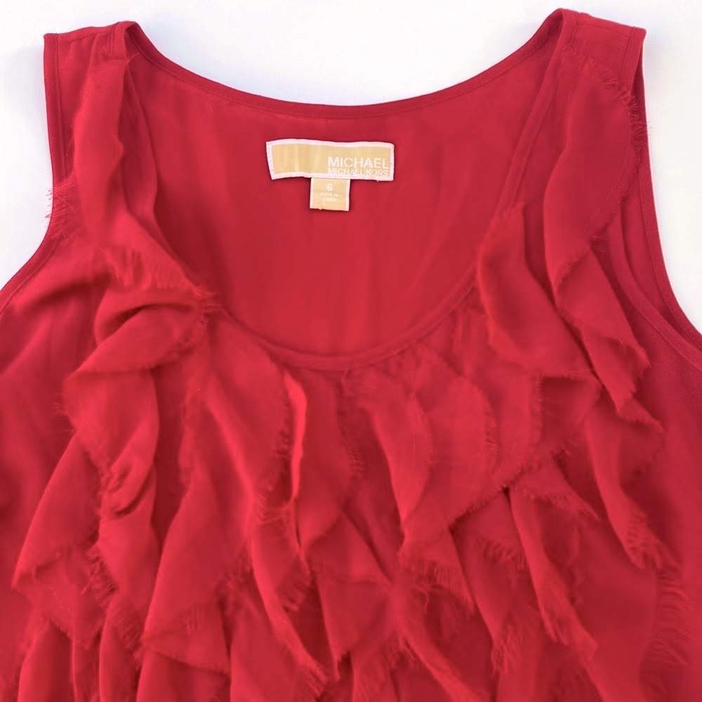 MICHAEL KORS SHEER TANK TOP Red Fringe RUFFLES SO CUTE Sleeveless LINED Blouse 6